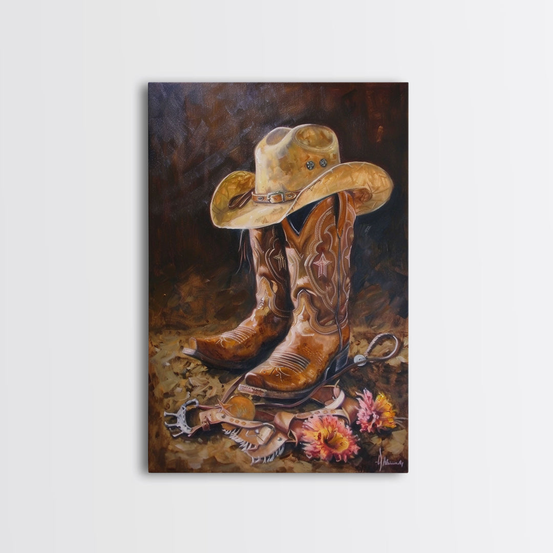 Classic Cowboy Hat and Boots Art - Framed Canvas Print, Rustic Bedroom Decor, Cowboy Themed Wall Art for Home, Western Artwork