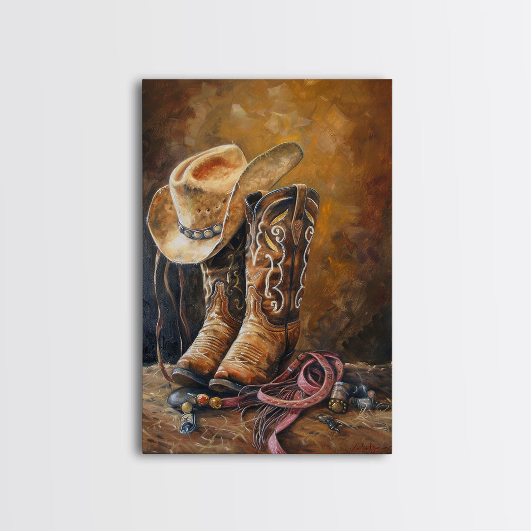 Traditional Cowboy Boots and Hat Art - Framed Canvas Print, Rustic Living Room Decor, Western Wall Art, Cowboy Home Decor