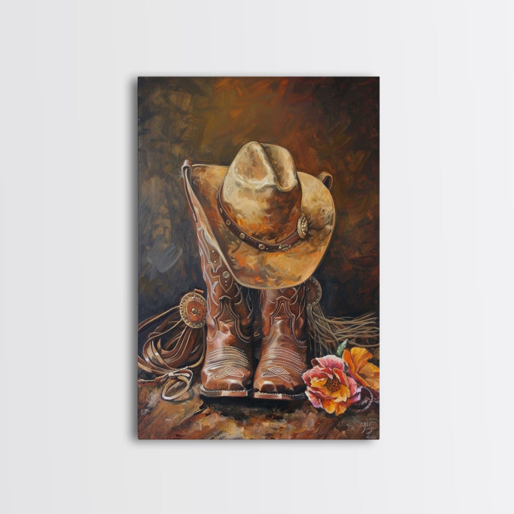 Cowboy Boots and Hat with Flowers Art - Framed Canvas Print, Rustic Wall Decor, Western Bedroom Art, Cowboy Home Decoration