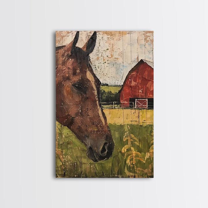 Horse and Barn Rustic Farm Art - Framed Canvas Print, Farmhouse Living Room Decor, Horse Wall Art, Rustic Home Decoration