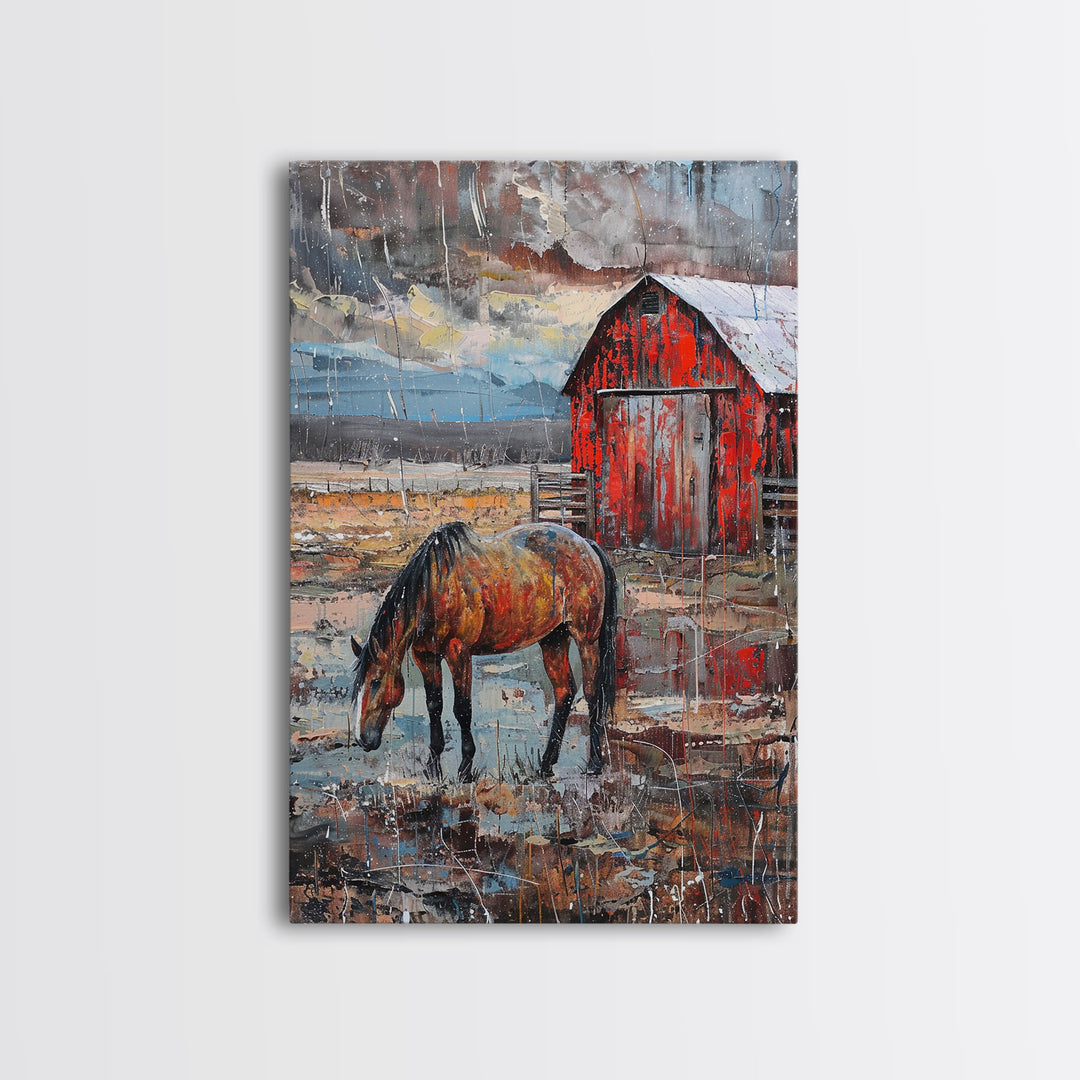 Red Barn and Horse Art Print - Framed Canvas Print, Rustic Living Room Decor, Farmhouse Wall Art, Horse and Barn Home Decoration