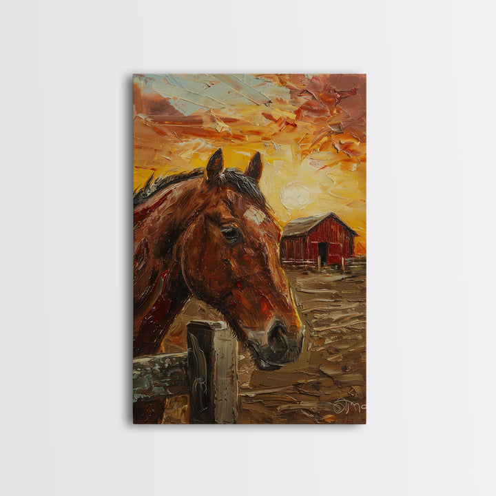 Horse with Red Barn Sunset Art - Framed Canvas Print, Rustic Bedroom Decor, Farmhouse Wall Art, Horse and Barn Home Decoration