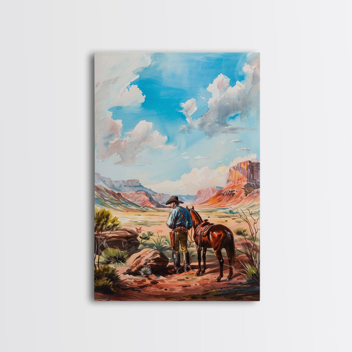 Cowboy and Horse Desert Scene Art - Framed Canvas Print, Western Living Room Decor, Cowboy Wall Art, Desert Home Decoration