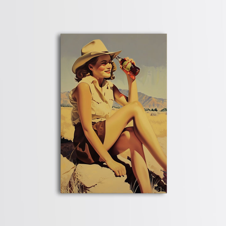 Vintage Cowgirl Drinking Beverage Art - Framed Canvas Print, Rustic Living Room Decor, Cowgirl Wall Art, Western Home Decoration