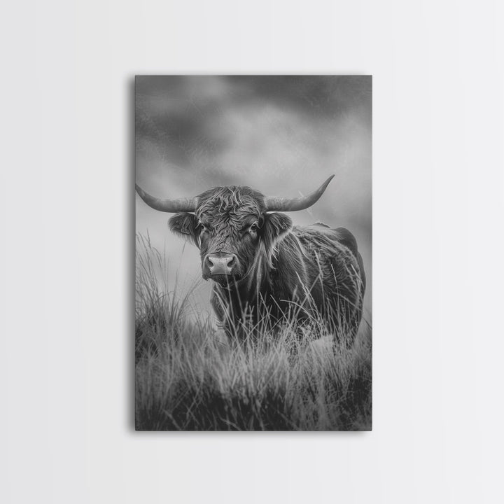 longhorn cow in field, black and white Western decor, rustic home art, Framed Canvas Print, vintage wall art for living room or bedroom