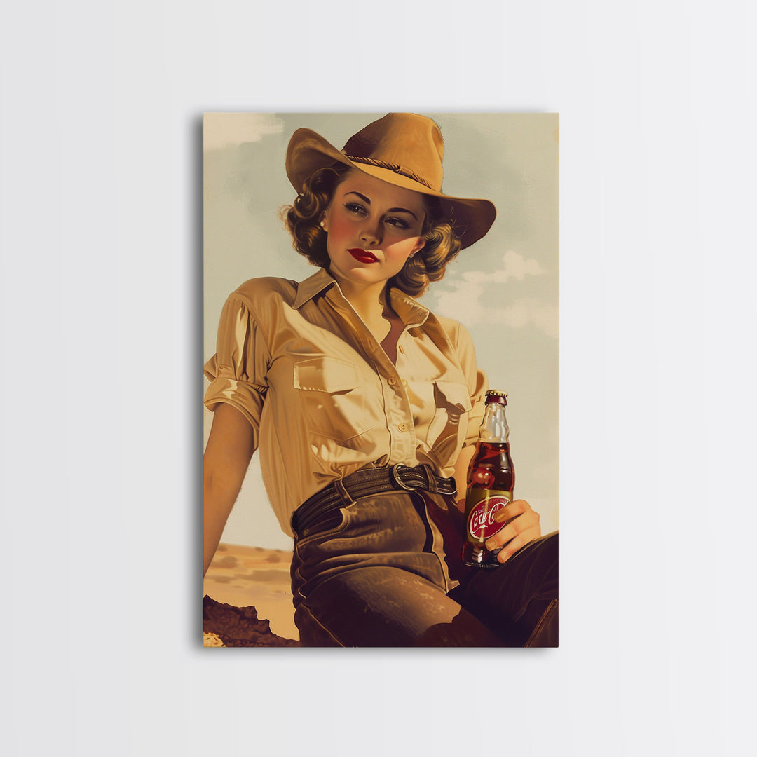 Cowgirl with Beverage Classic Art - Framed Canvas Print, Rustic Bedroom Decor, Cowgirl Wall Art, Vintage Home Decoration