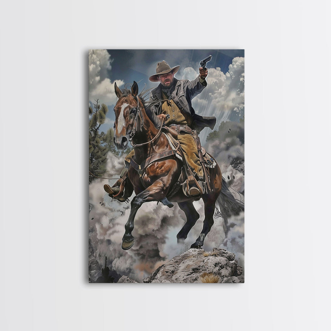 Framed Canvas Print, Cowboy Riding Horse with Gun Wall Art, Western Style Artwork for Living Room or Bedroom Decor, Dynamic Home Art Piece