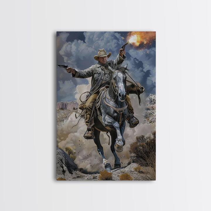 Framed Canvas Print, Dynamic Cowboy Shooting Pistols Wall Art, Western Decor for Living Room or Bedroom, Exciting Wall Art, Home Decoration