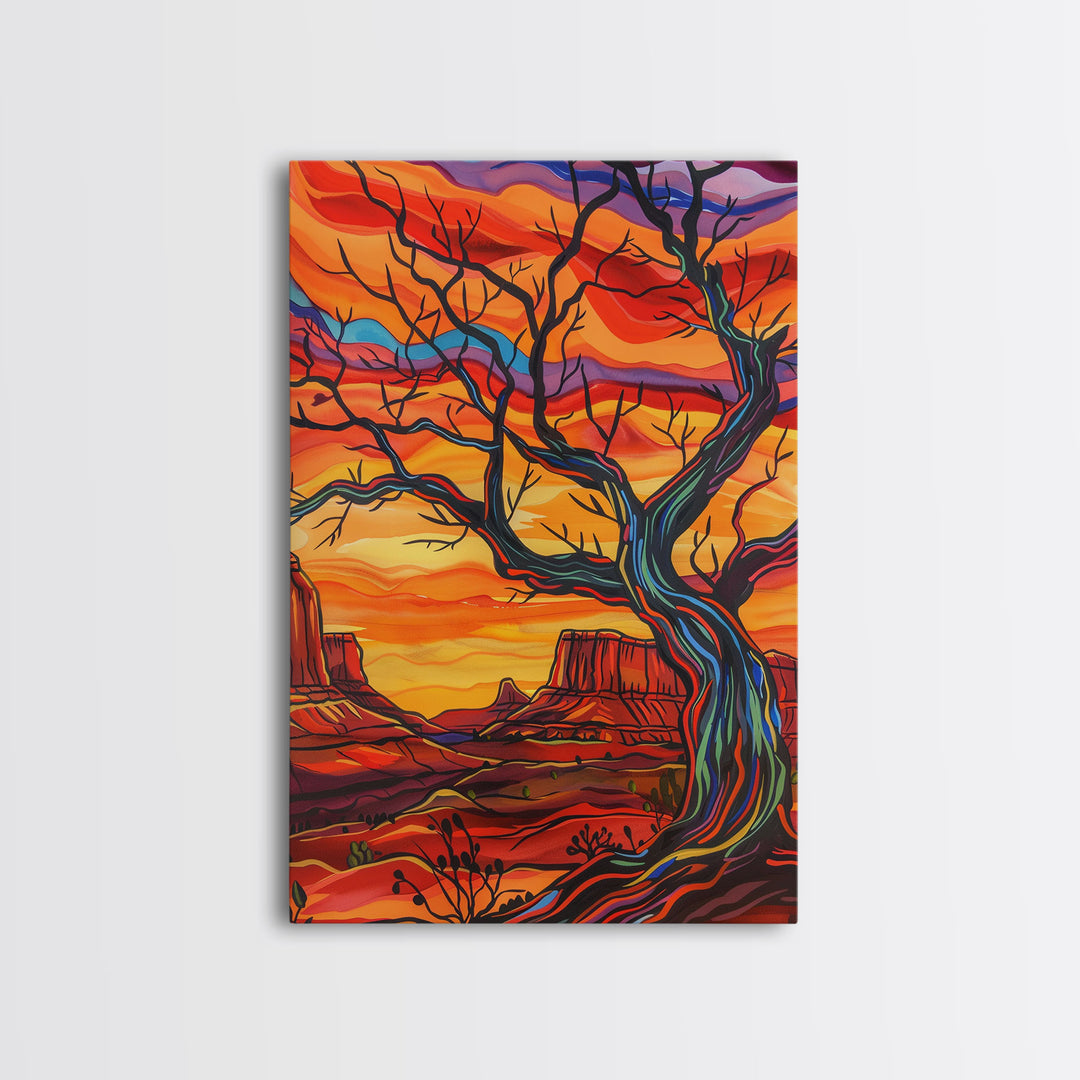 Framed Canvas Print, Vibrant Desert Landscape with Tree Wall Art, Colorful Southwest Decor for Living Room or Bedroom, Nature Wall Art Piece