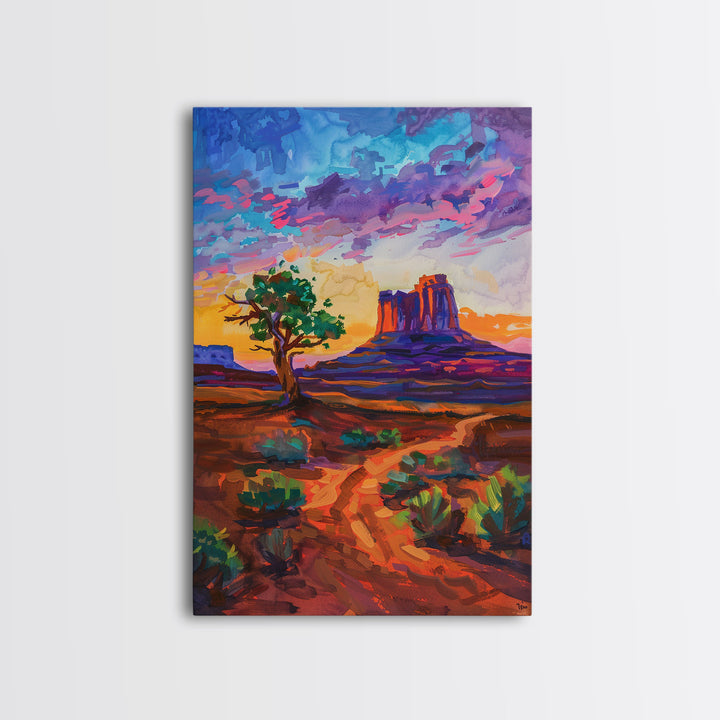 Framed Canvas Print, Sunset Over Monument Valley Wall Art Colorful Desert Scene for Living Room or Bedroom Vibrant Landscape Art Decor Piece