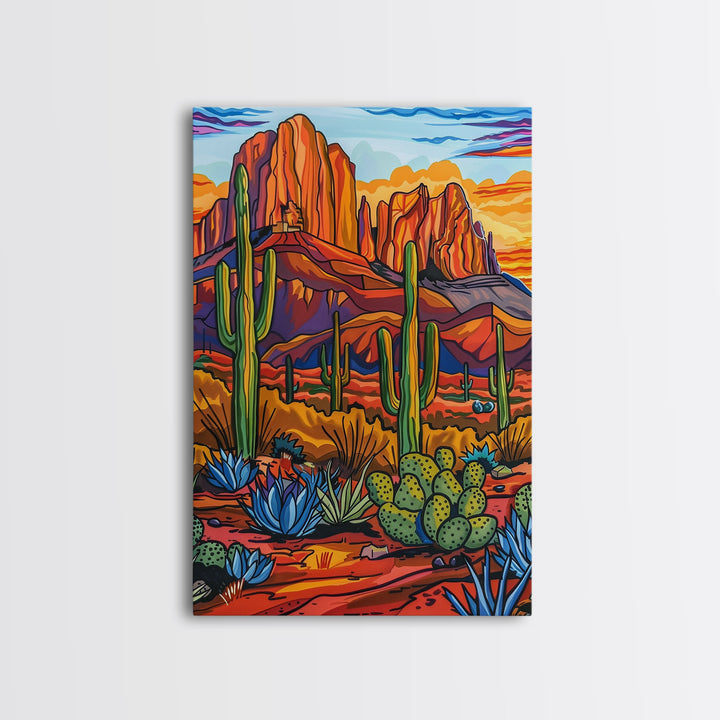 Framed Canvas Print, Cactus and Mountain Sunset Wall Art, Colorful Desert Landscape for Living Room or Bedroom Decor, Southwest Art Poster