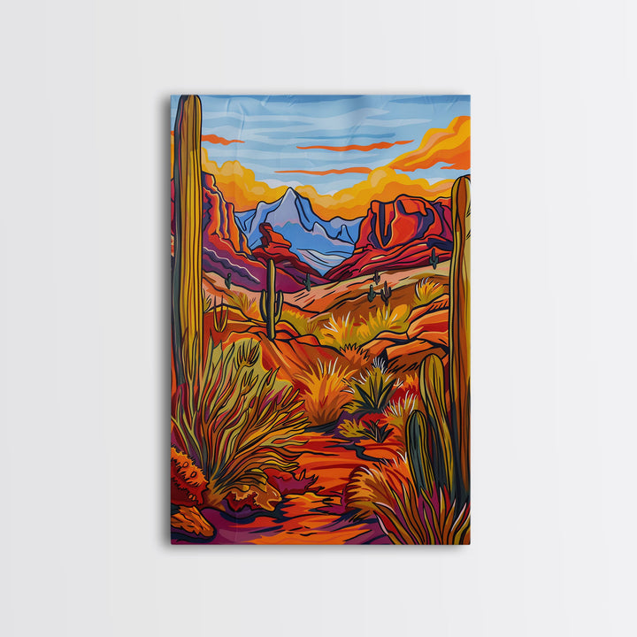 Framed Canvas Print, Desert Landscape with Cacti Wall Art, Colorful Southwest Decor for Living Room or Bedroom, Nature Art Poster Piece