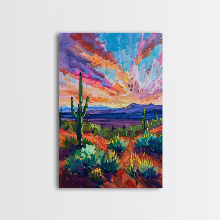 Framed Canvas Print, Cacti and Mountains at Sunset Wall Art, Vibrant Southwest Decor for Living Room or Bedroom, Nature Art Decoration Piece