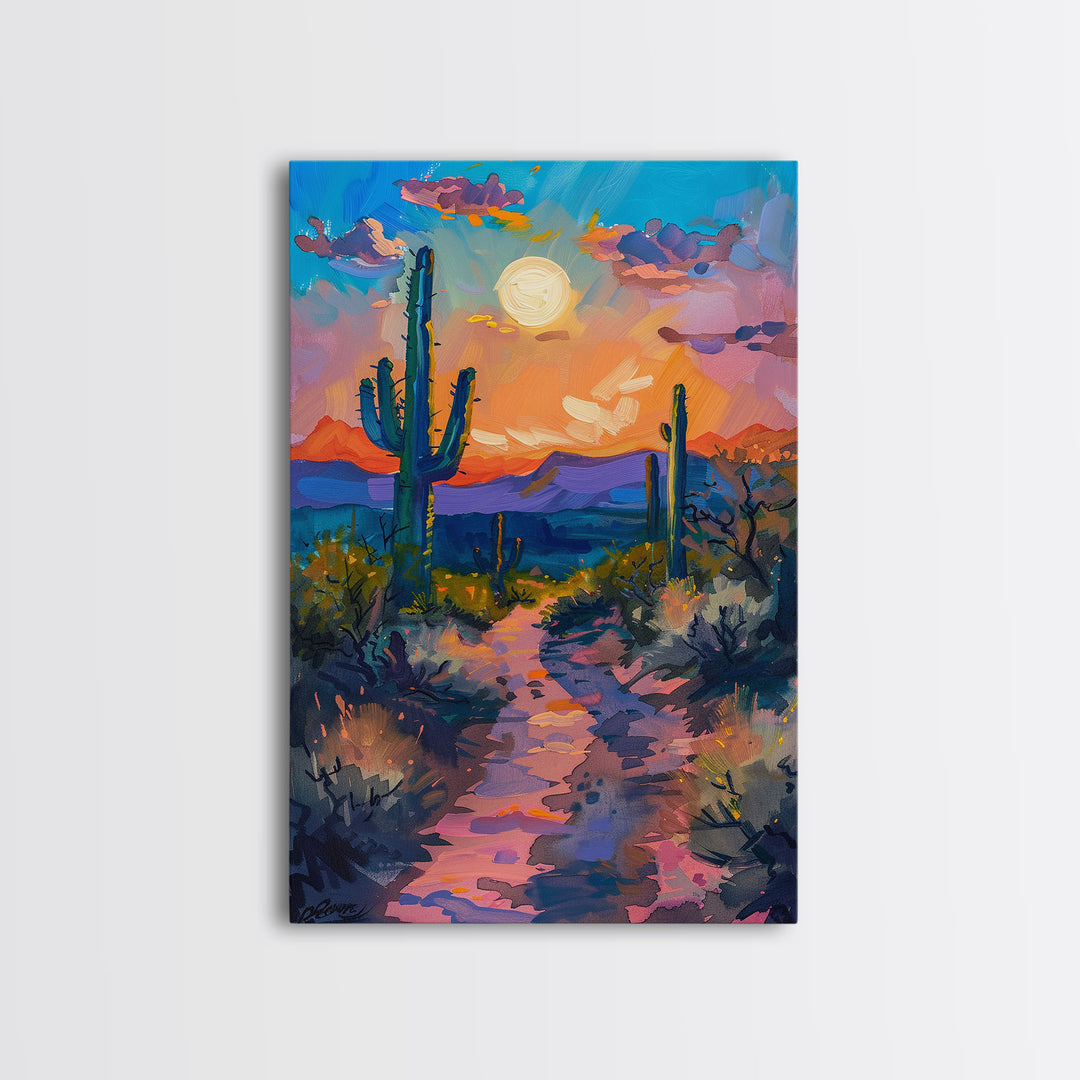 Framed Canvas Print, Colorful Desert Sunset with Cacti Wall Art, Southwest Landscape for Living Room or Bedroom, Vibrant Wall Art Piece