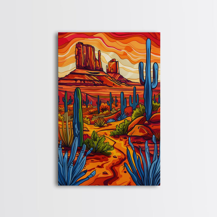 Framed Canvas Print, Vibrant Desert Scene with Cacti and Mesas, Perfect Southwest Wall Art for Living Room or Bedroom Decor