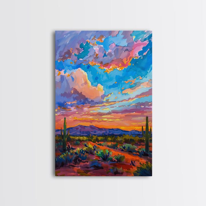 Framed Canvas Print, Colorful Desert Sunset with Cacti, Stunning Wall Art for Living Room or Bedroom Decoration