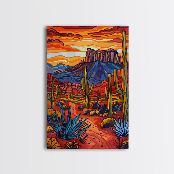 Framed Canvas Print, Bold Desert Landscape with Saguaro Cacti and Mountains, Unique Wall Art for Living Room or Bedroom