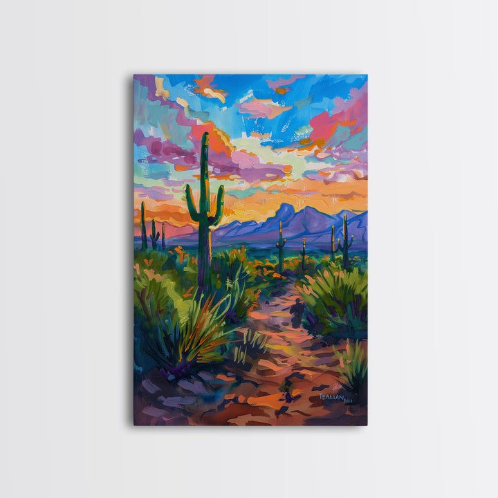 Framed Canvas Print, Sunset Over Desert with Cacti, Stunning Wall Art for Living Room or Bedroom Decor