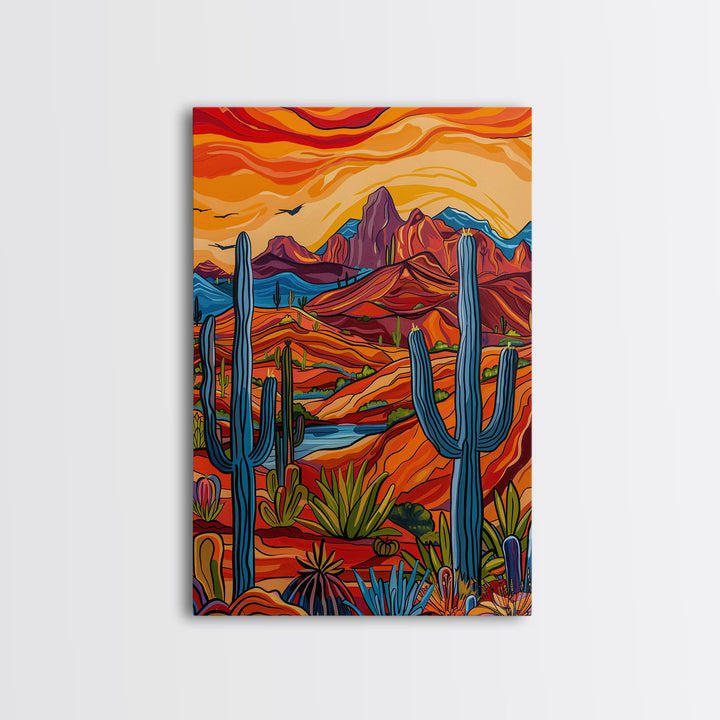 Framed Canvas Print, Bright Desert Landscape with Cacti and Mountains, Perfect Wall Art for Living Room or Bedroom