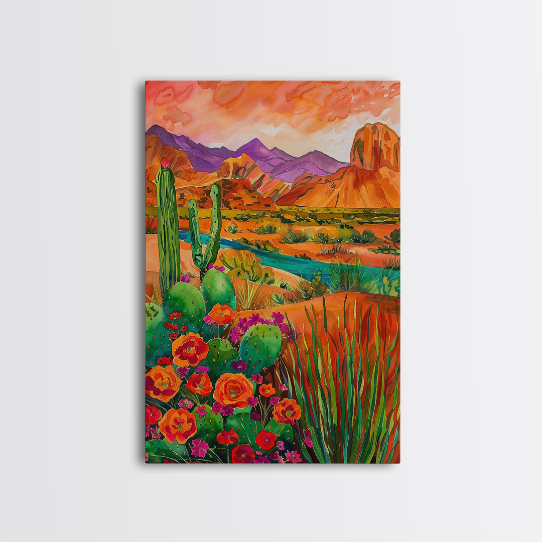 Framed Canvas Print, Colorful Desert Landscape with Blooming Cacti, Beautiful Wall Art for Living Room or Bedroom Decor