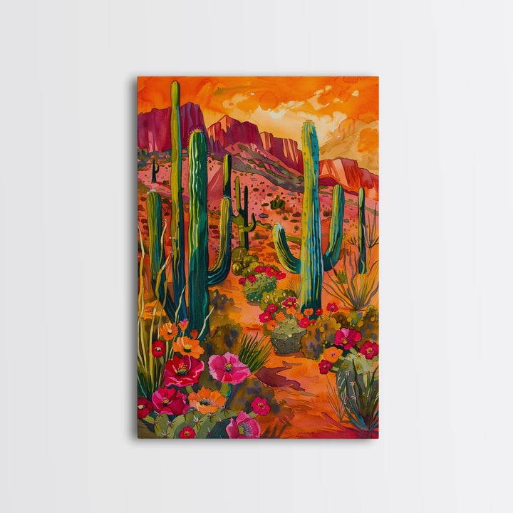 Framed Canvas Print, Vibrant Desert Scene with Saguaro Cacti and Flowers, Unique Wall Art for Living Room or Bedroom