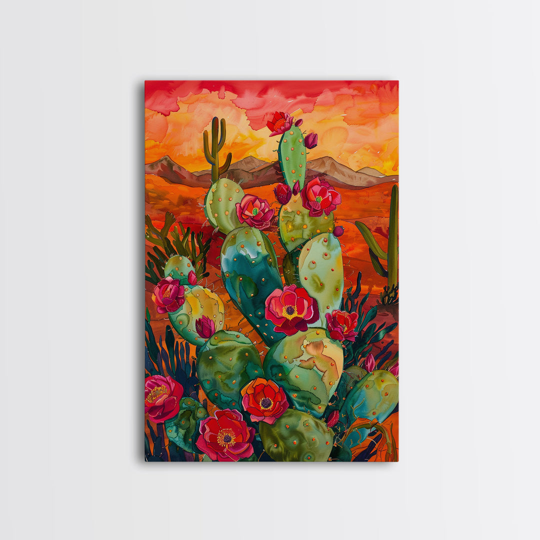 Framed Canvas Print, Blooming Cacti in Desert Sunset, Stunning Wall Art for Living Room or Bedroom Decor