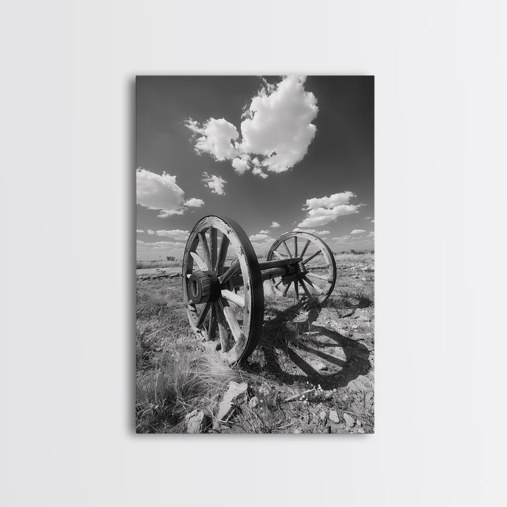 Abandoned wagon wheel on prairie, black and white Western art, Framed Canvas Print, rustic home decor, vintage wall art living room bedroom