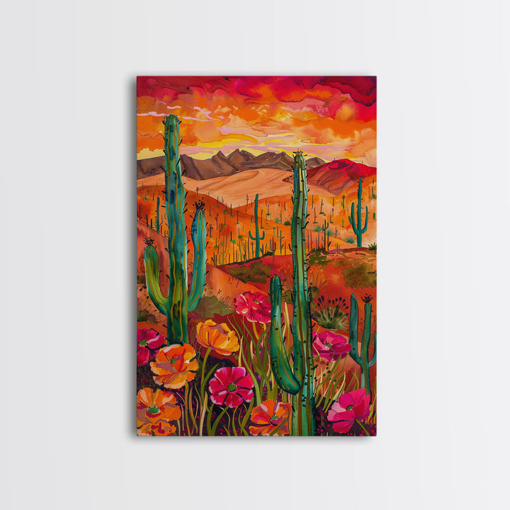 Framed Canvas Print, Vibrant Desert Landscape with Flowers and Cacti, Perfect Wall Art for Living Room or Bedroom Decor