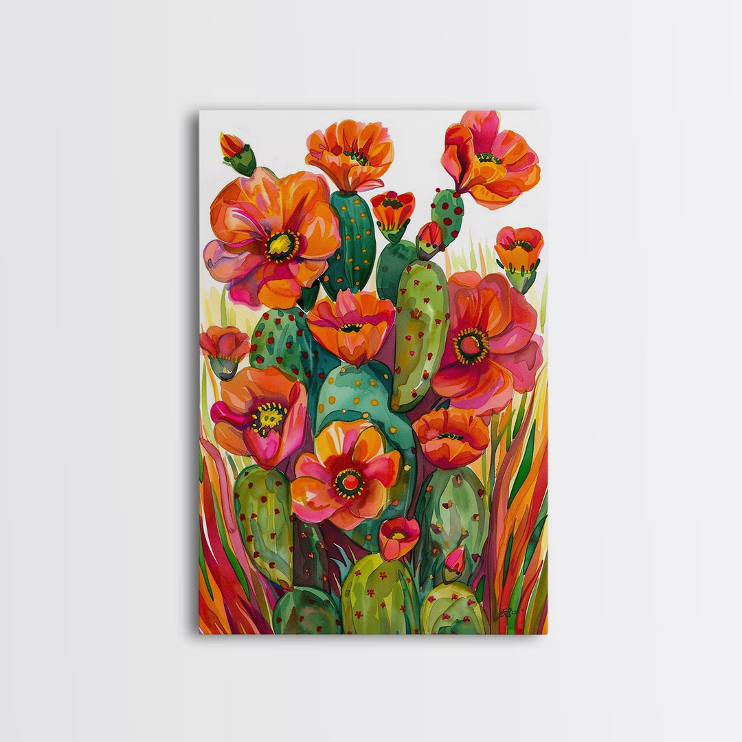 Vibrant Desert Cactus and Flowers, Living Room or Bedroom Wall Art, Framed Canvas Print for Home Decor, Botanical Artwork