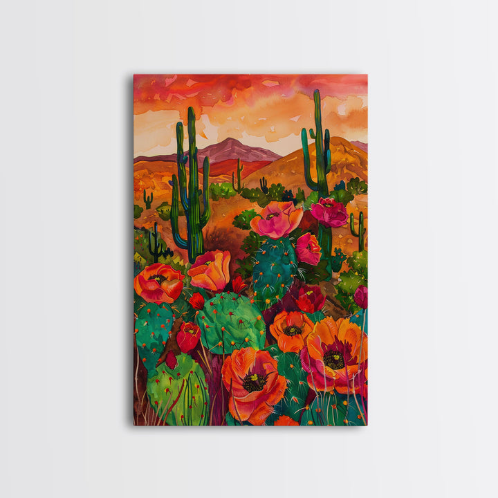 Southwest Desert Landscape with Cacti and Flowers, Colorful Wall Art for Living Room or Bedroom, Framed Canvas Print