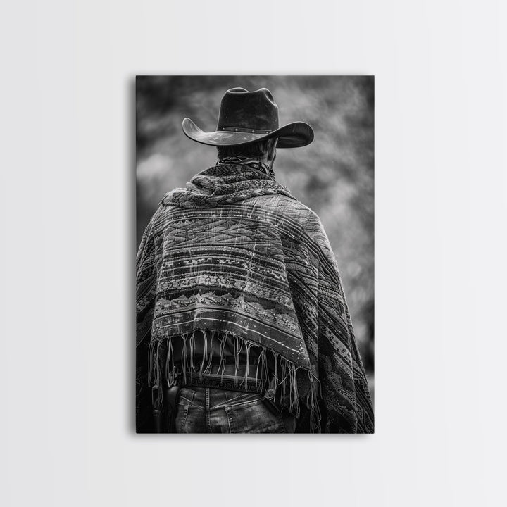 Cowboy in poncho and hat, black and white Western decor, Framed Canvas Print, rustic home art, vintage wall art for living room or bedroom