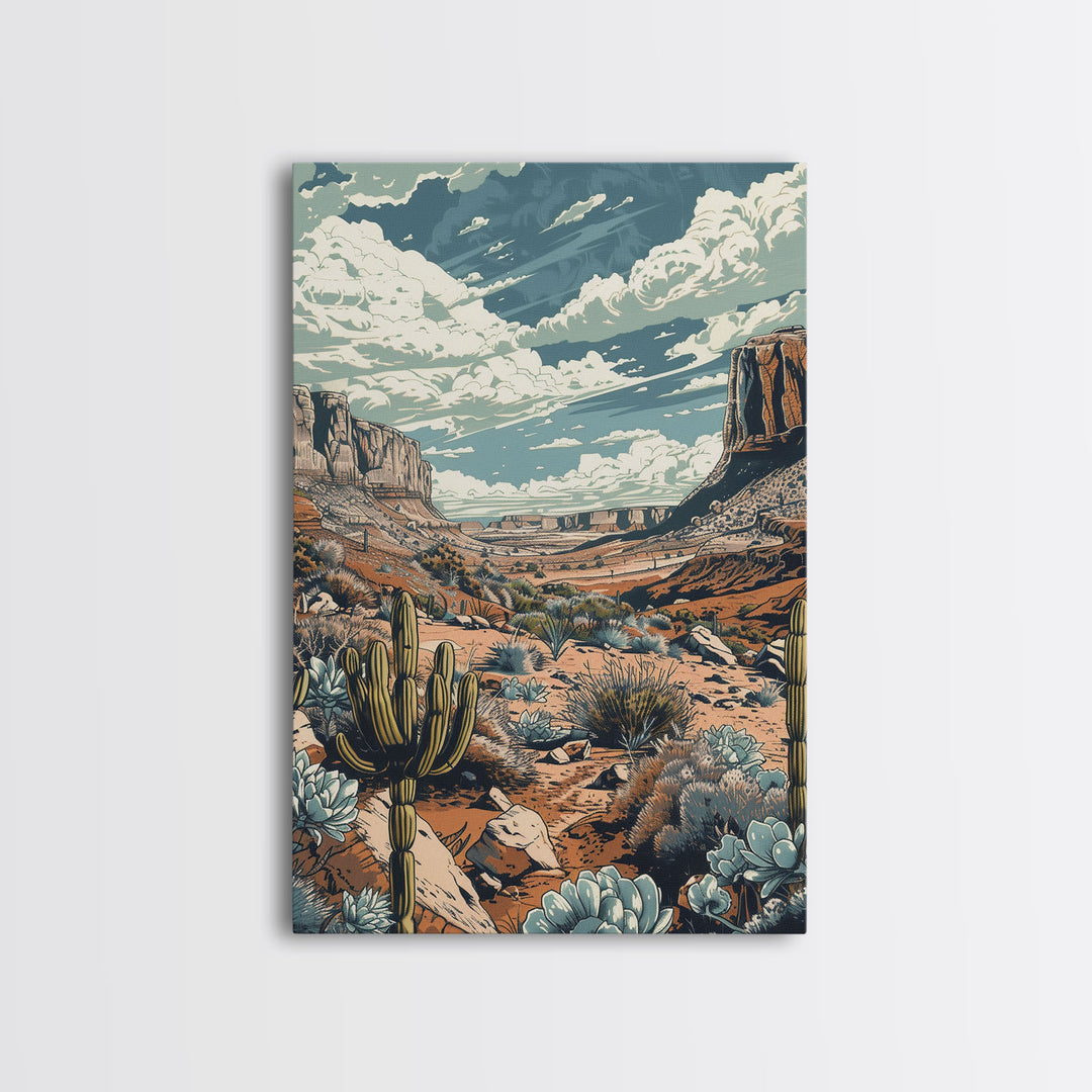 Vintage Western Desert Landscape Art Print, Retro Cactus Framed Canvas, Scenic Southwest Artwork, Unique Desert Wall Decor