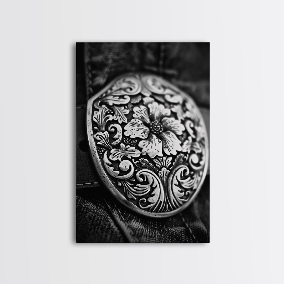 Close-up of Western belt buckle, detailed black and white photography, Framed Canvas Print, rustic home decor, vintage wall art living room