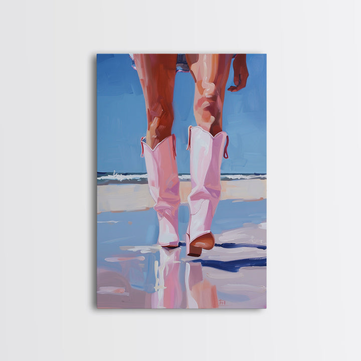 Woman wearing pink cowboy boots standing on the beach, vibrant pop art style Framed Canvas Print - beach fashion, coastal decor, summer art