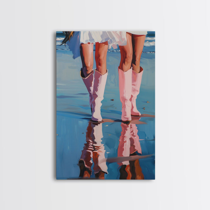 The Beach Cowgirls pink cowboy boots on a beach, artistic reflection Framed Canvas Print - beach decor, fashion art, summer vibes