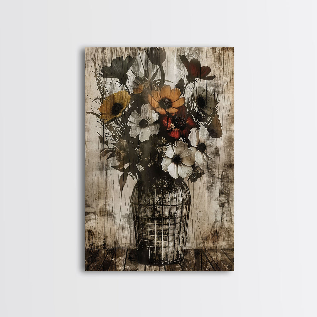 Rustic vase with colorful flowers against a distressed wooden background Framed Canvas Print - floral art, farmhouse decor, rustic wall art