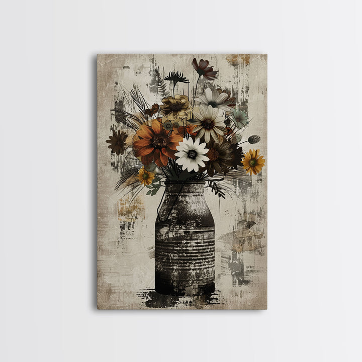 Rustic metal vase filled with autumn flowers on rustic background Framed Canvas Print farmhouse floral rustic decor, vintage flower print