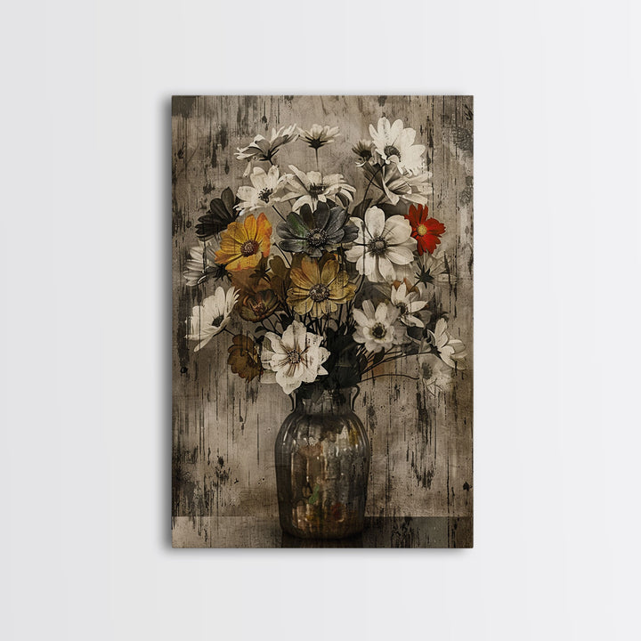 Rustic metal vase with wildflowers on a distressed background Framed Canvas Print - vintage floral art, farmhouse decor, rustic wall art