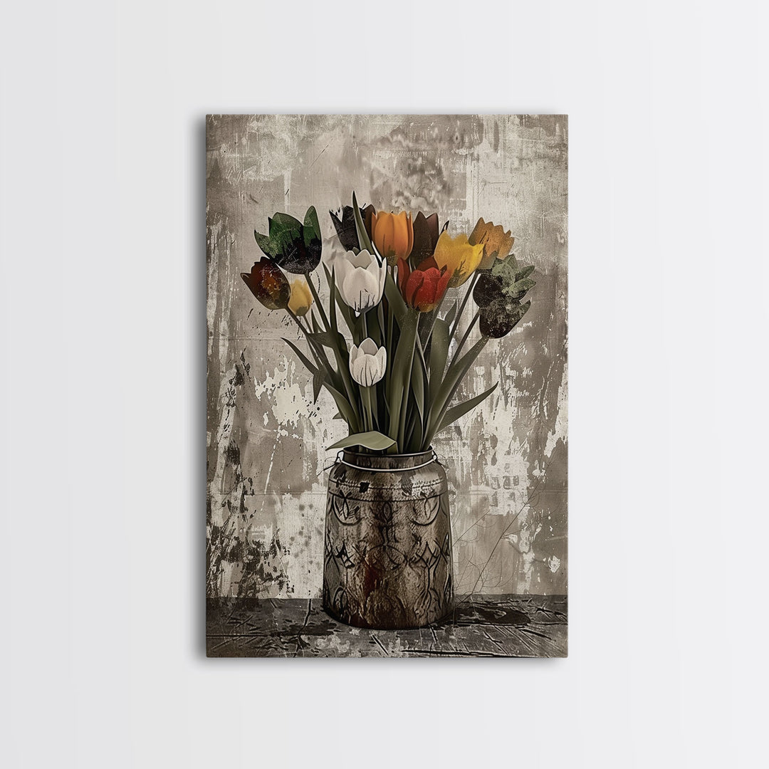 Rustic vase filled with tulips against a distressed background Framed Canvas Print - floral decor, farmhouse wall art, rustic flower print