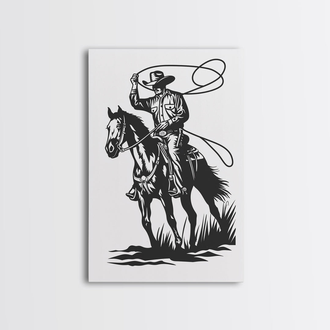 Cowboy Roping Horse Art Print, Western Silhouette Framed Canvas, Vintage Rodeo Cowboy Artwork, Rustic Western Home Decor