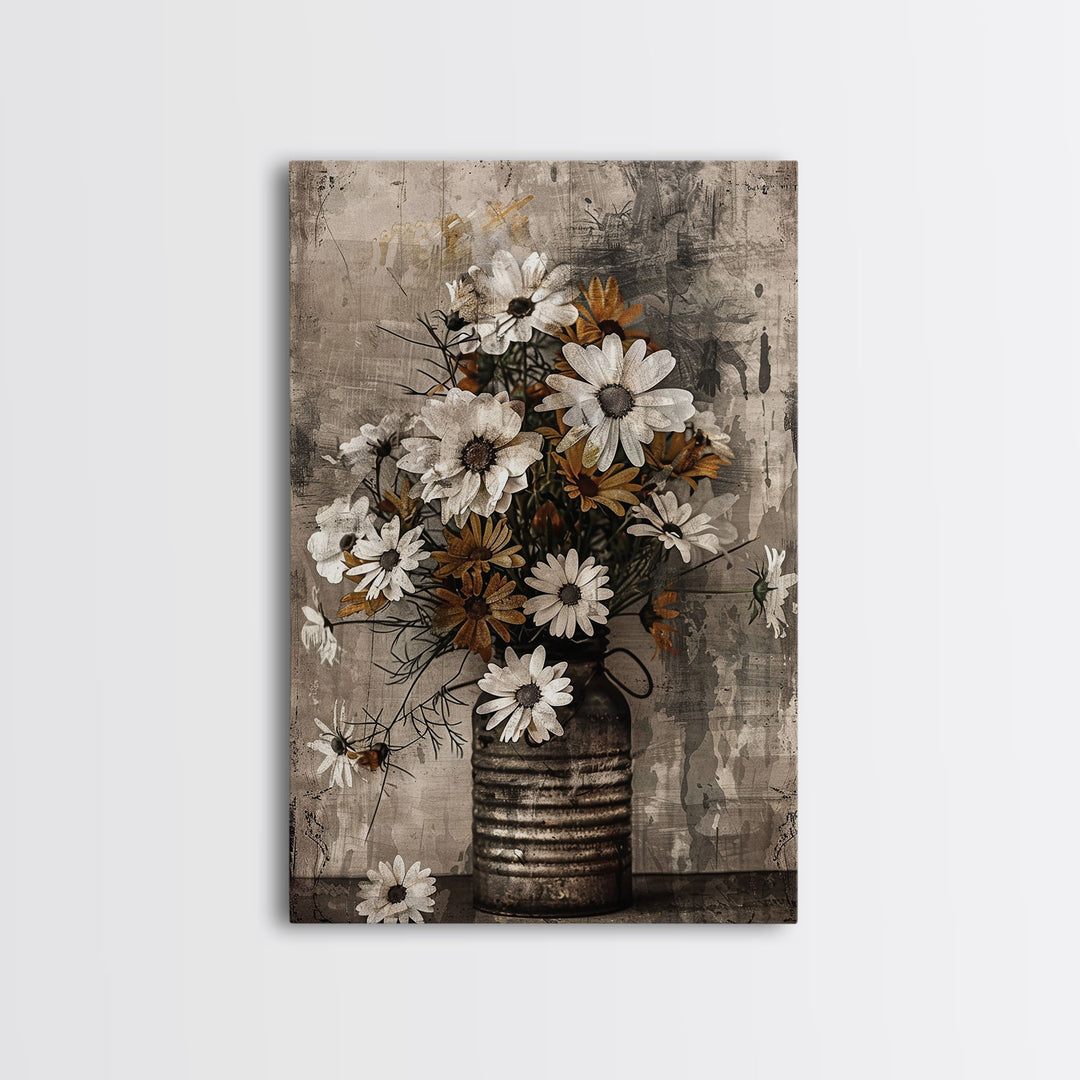 Rustic metal vase with daisies against a distressed background Framed Canvas Print - floral art, farmhouse decor, rustic wall art