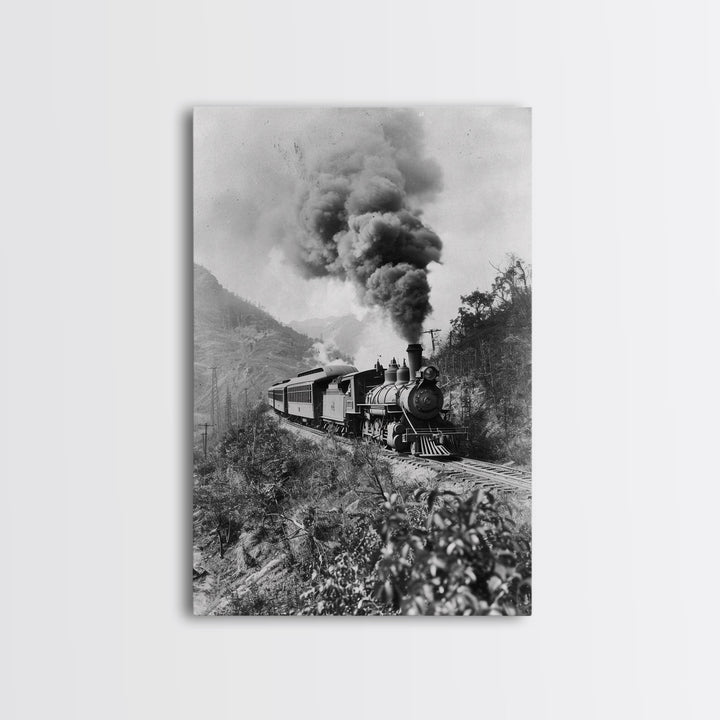 Vintage Train in Motion Black and White Photography - Framed Canvas Print, Railroad Art, Rustic Train Wall Art for Home Decor