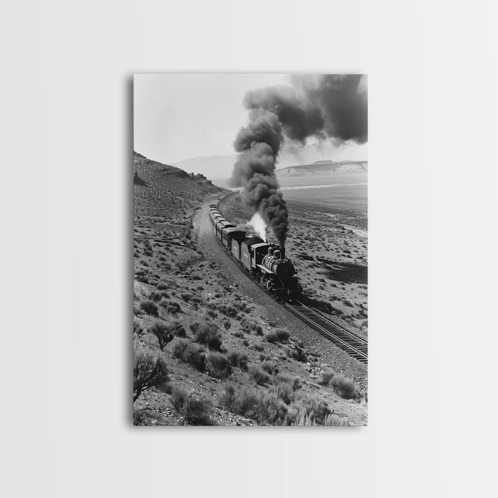 Train Journey Through the Desert Black and White Photography - Framed Canvas Print, Railroad Art, Rustic Train Wall Art Decor