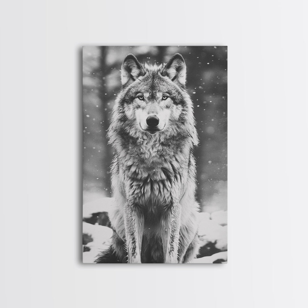 Wolf in Snowy Forest Black and White Photography - Framed Canvas Print, Wildlife Photography, Winter Wolf Art for Home Decor