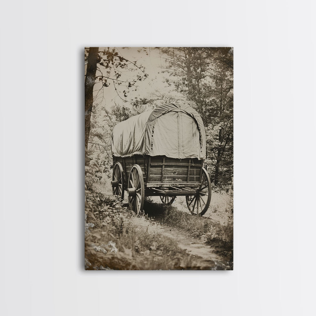 Pioneer Wagon in the Woods - Antique Canvas Print, Rustic Western Wall Art, Vintage Wagon Decor, Historical Art for Living Room