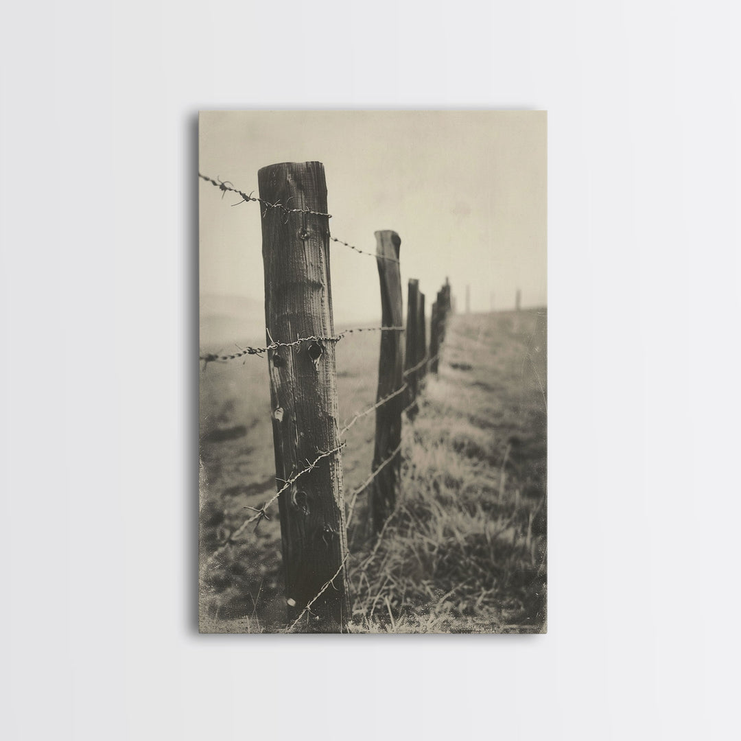 Rustic Barbed Wire Fence Sepia Print - Framed Canvas Wall Art, Western Decor for Living Room, Vintage Fence Art, Farmhouse Decor