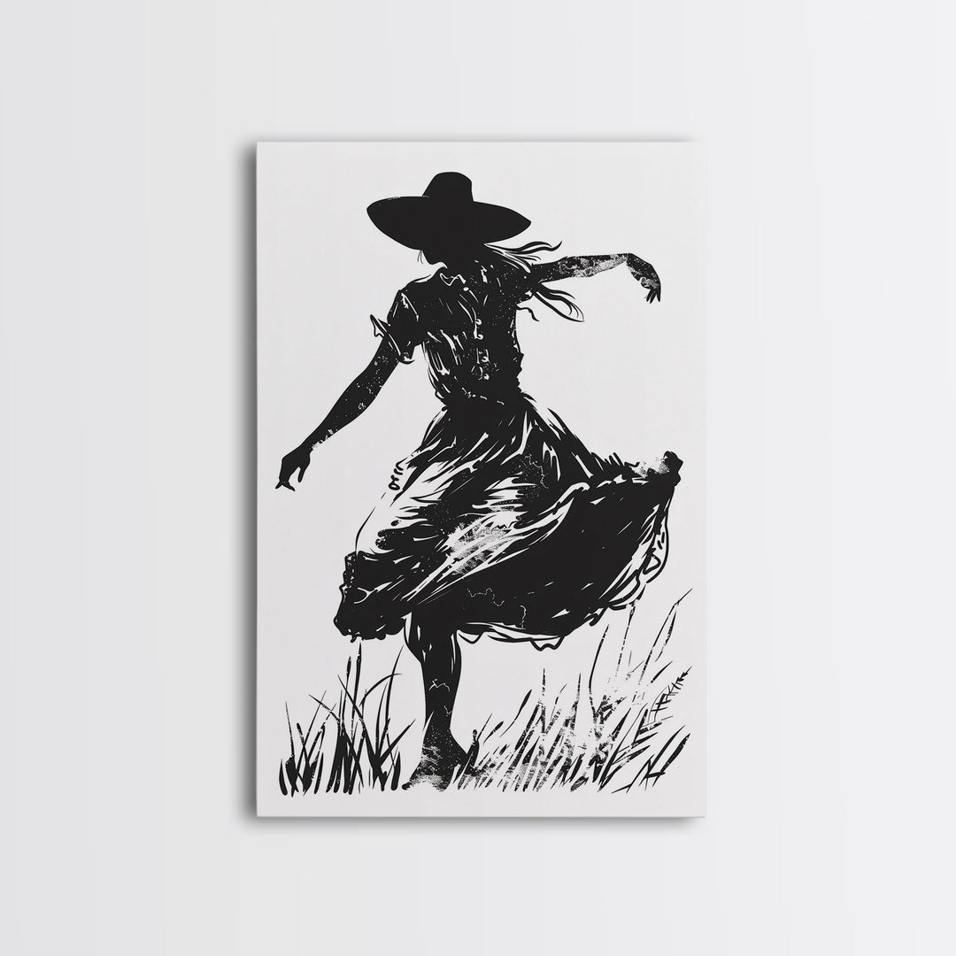 Country Girl Silhouette Art Print, Framed Canvas Western Decor, Vintage Cowgirl Artwork, Rustic Southwest Wall Art for Home