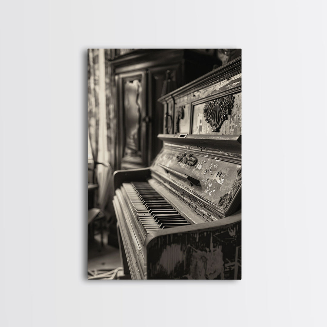 Vintage Rustic Piano Sepia Print - Framed Canvas Wall Art, Antique Music Decor for Living Room, Historical Piano Artwork for Home