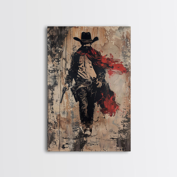 Cowboy with Red Scarf Art Print - Framed Canvas Western Wall Art, Rustic Cowboy Decor for Living Room, Vintage Western Artwork, Cowboy Art