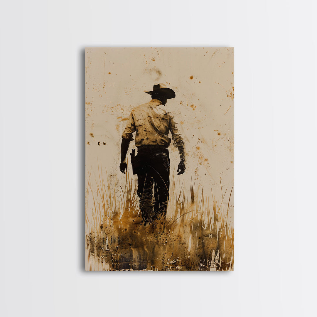 Cowboy Walking in the Field Print - Framed Canvas Wall Art, Rustic Western Decor, Cowboy Artwork for Living Room, Vintage Art, Rustic Decor